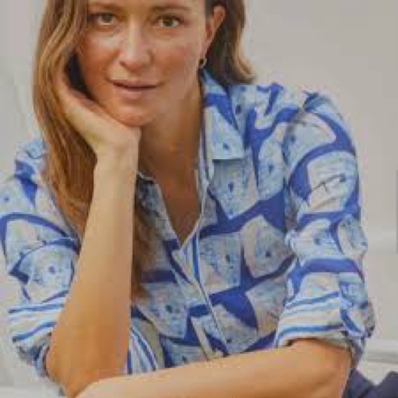 J Mclaughlin Tops - J. McLaughlin 100% Linen Blue Abstract Print Button Front Shirt Size L